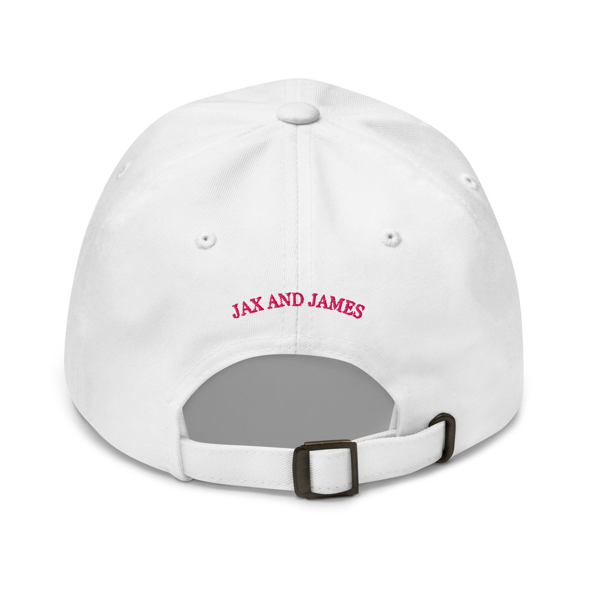 Back view of a white baseball hat with embroidered Jax and James lettering above the adjustable strap