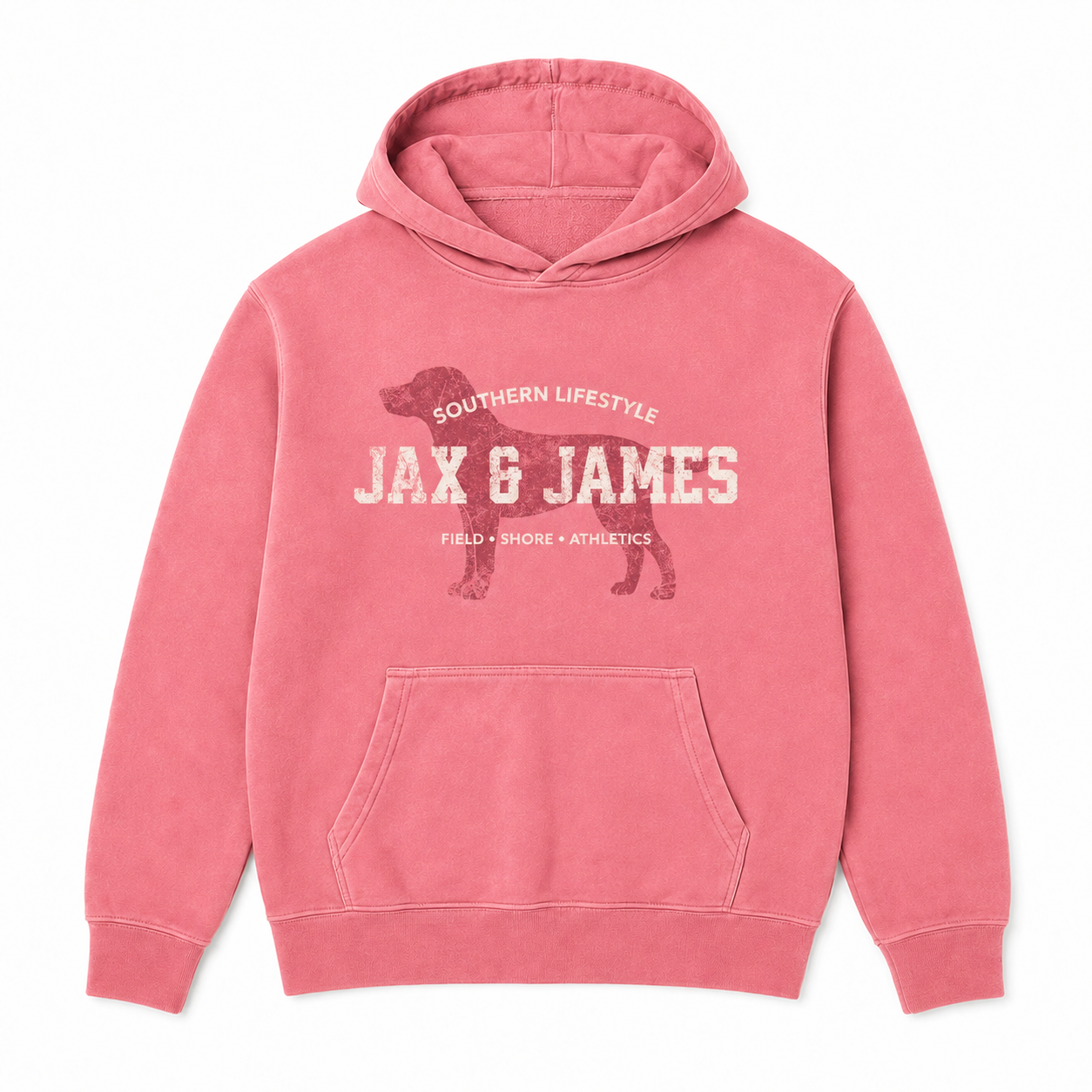 Jax & James Field Shore Athletics pigment-dyed hoodie in Pink with distressed Labrador graphic