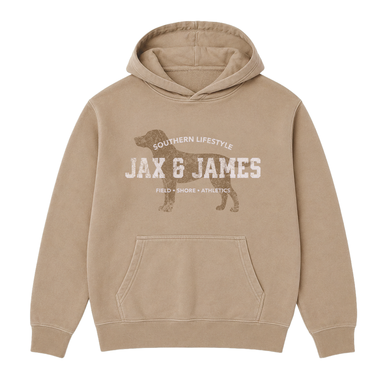Jax & James Field Shore Athletics pigment-dyed hoodie in Sandstone with distressed Labrador graphic