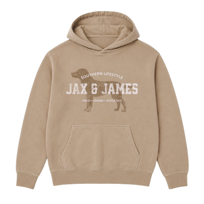 Jax & James Field Shore Athletics pigment-dyed hoodie in Sandstone with distressed Labrador graphic