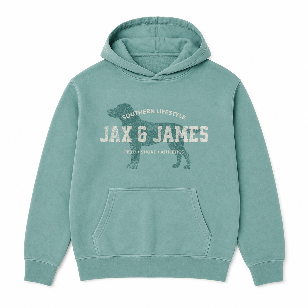 Jax & James Field Shore Athletics pigment-dyed hoodie in Seafoam with distressed Labrador graphic