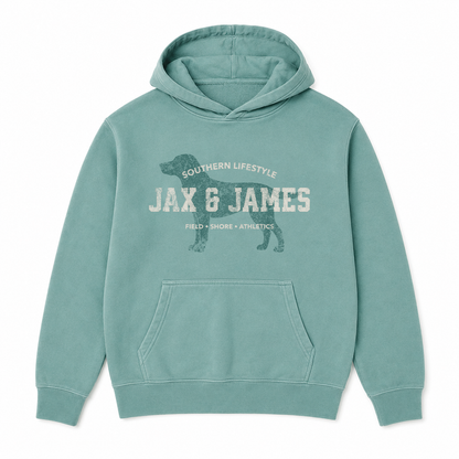 Jax & James Field Shore Athletics pigment-dyed hoodie in Seafoam with distressed Labrador graphic