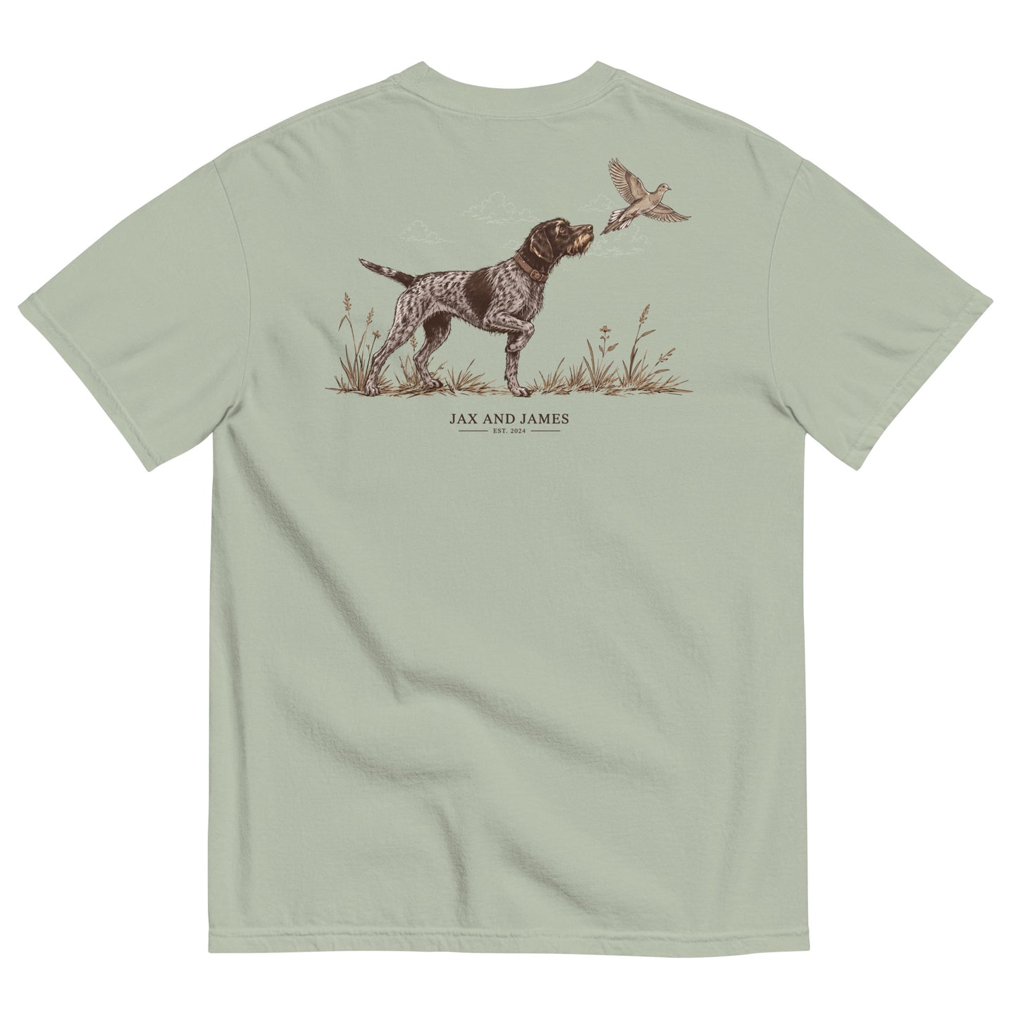 German Wirehaired Pointer and upland bird design on the back of a Bay garment-dyed t-shirt