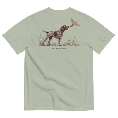 German Wirehaired Pointer and upland bird design on the back of a Bay garment-dyed t-shirt