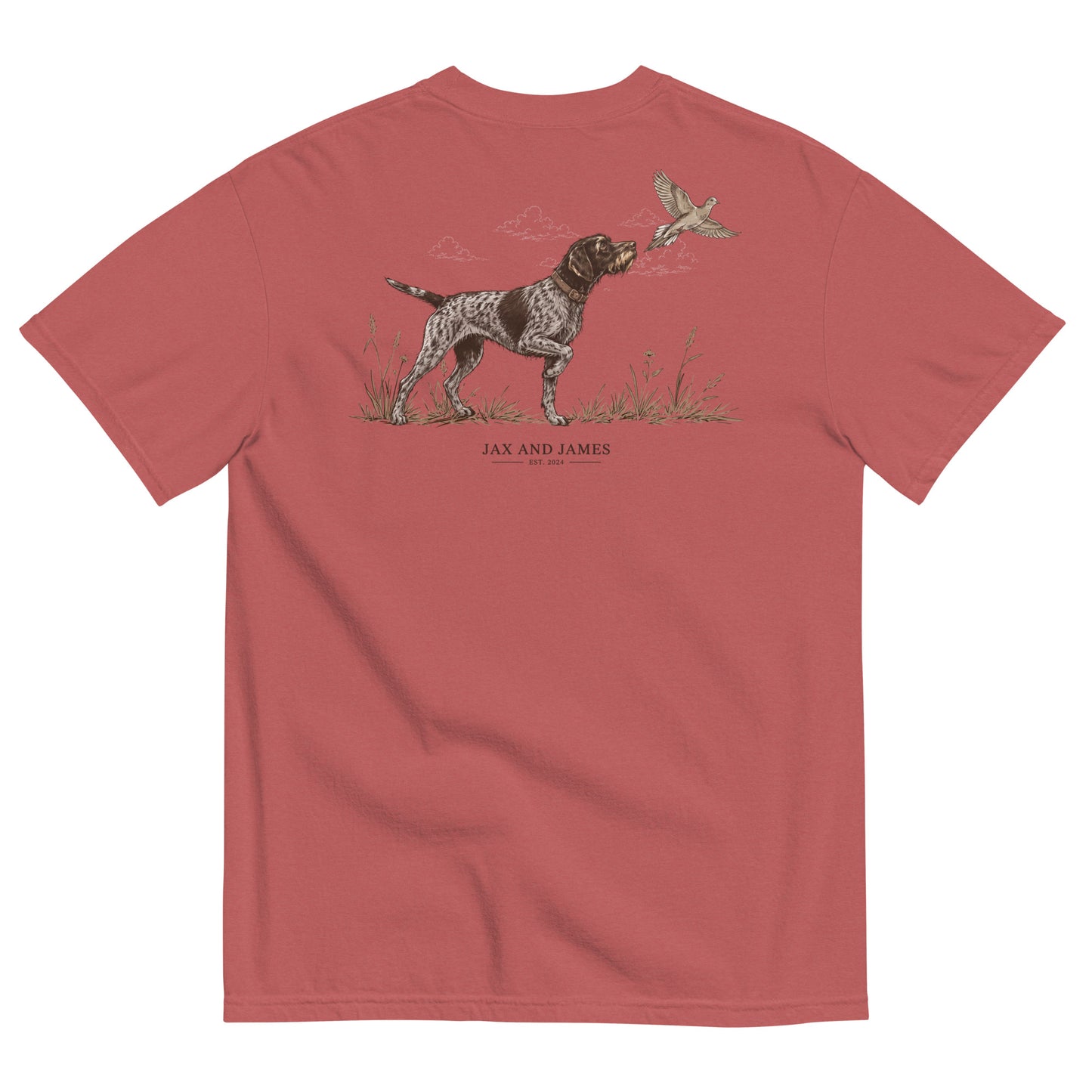 German Wirehaired Pointer and upland bird design on the back of a Crimson garment-dyed t-shirt