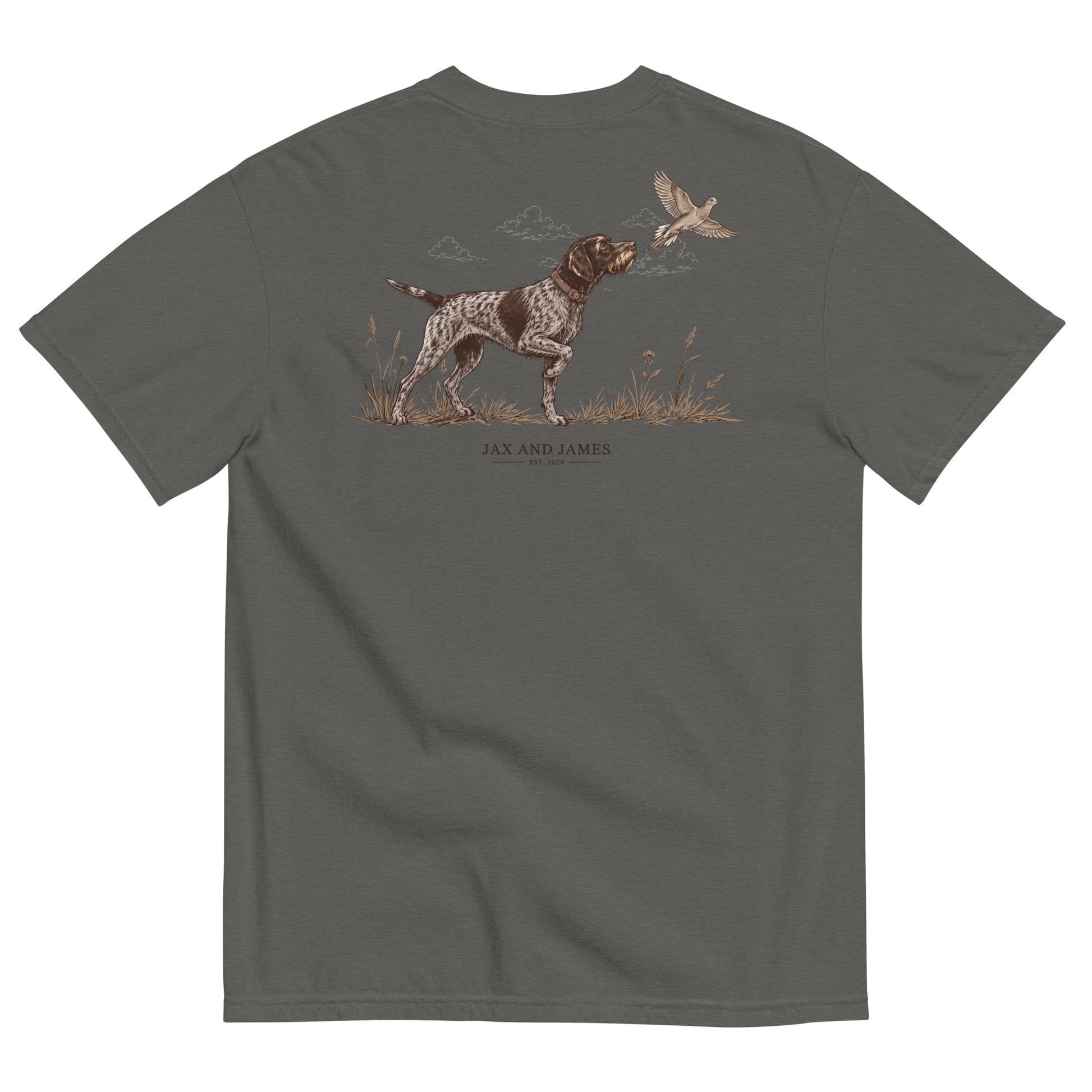German Wirehaired Pointer and upland bird design on the back of a Pepper garment-dyed t-shirt