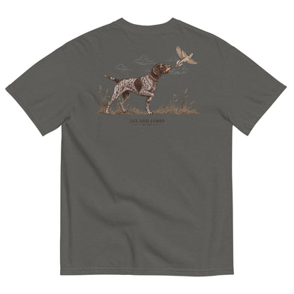 German Wirehaired Pointer and upland bird design on the back of a Pepper garment-dyed t-shirt