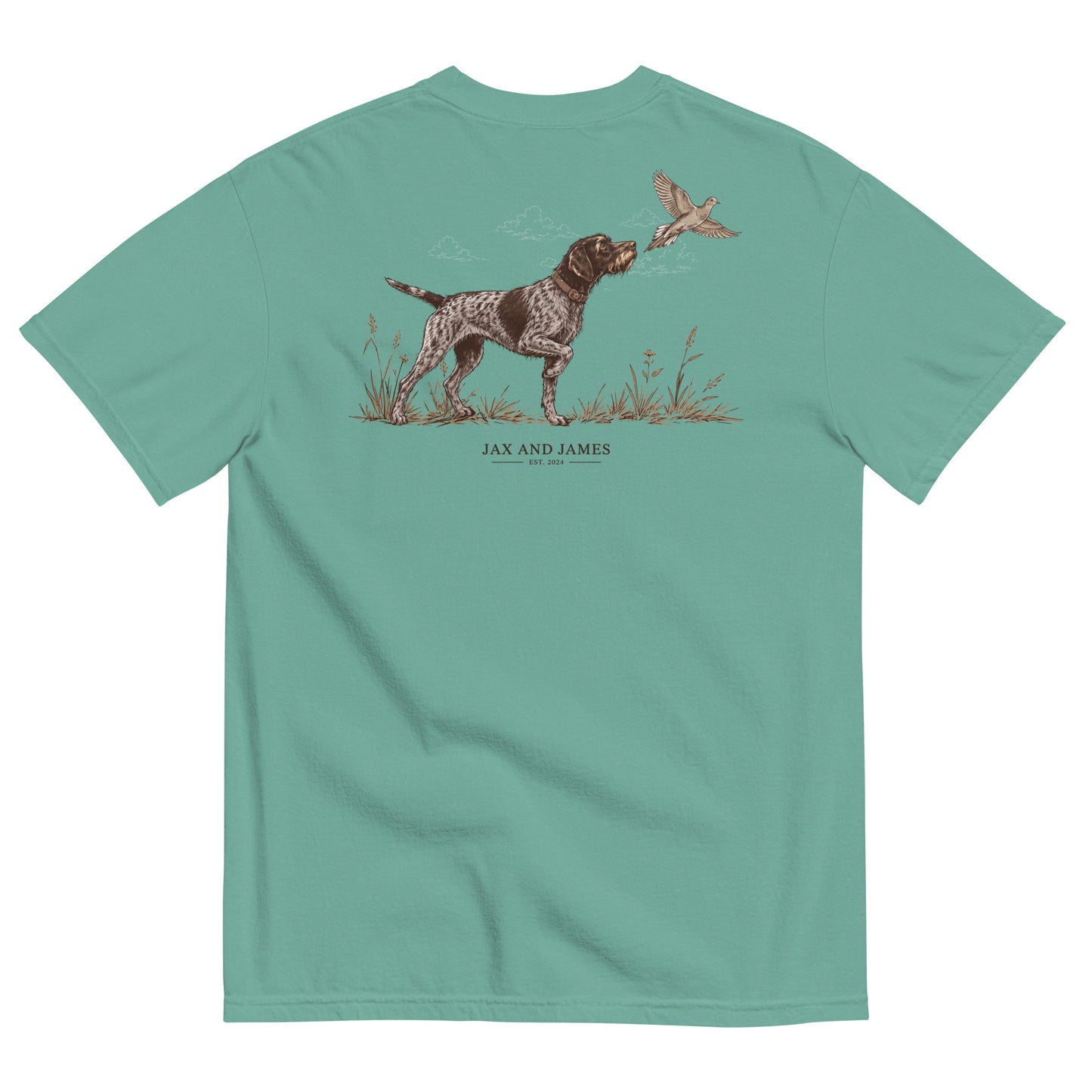 German Wirehaired Pointer and upland bird design on the back of a Seafoam garment-dyed t-shirt
