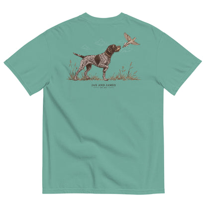 German Wirehaired Pointer and upland bird design on the back of a Seafoam garment-dyed t-shirt