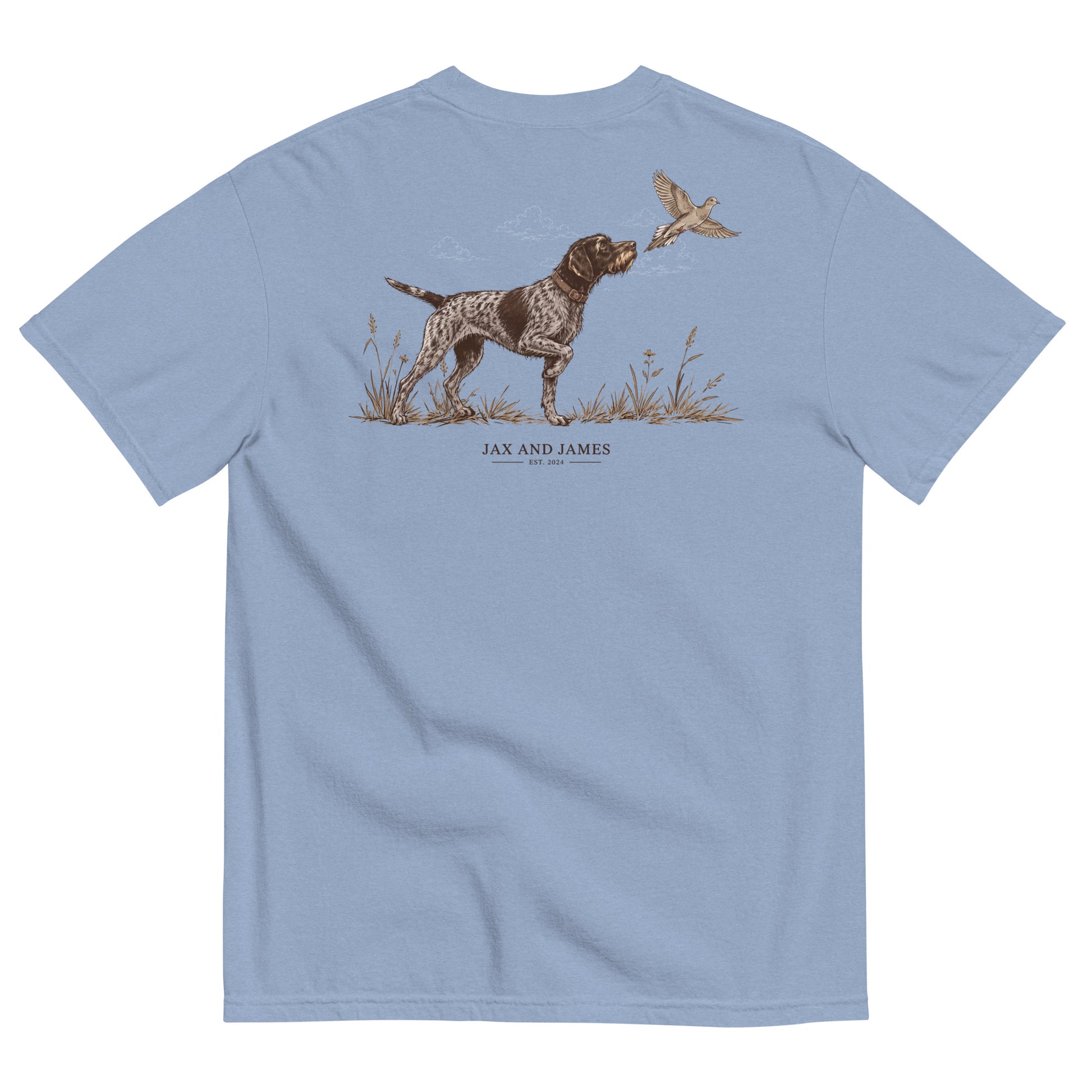 German Wirehaired Pointer and upland bird design on the back of a Washed Denim garment-dyed t-shirt
