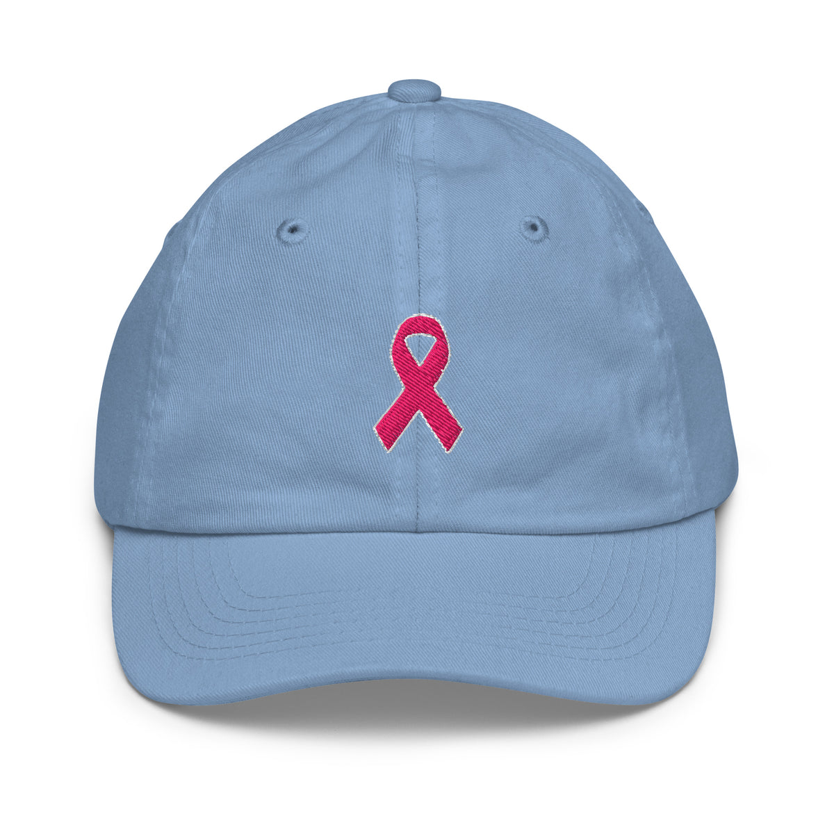 Front view of a baby blue kids baseball hat with an embroidered pink awareness ribbon