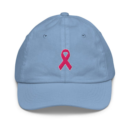 Front view of a baby blue kids baseball hat with an embroidered pink awareness ribbon
