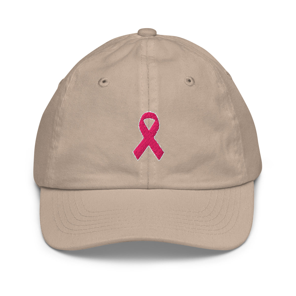 Front view of a khaki kids baseball hat with an embroidered pink awareness ribbon