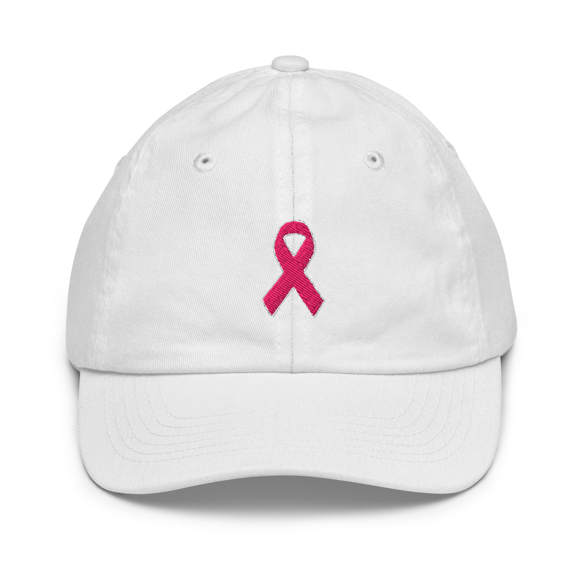 Front view of a white kids baseball hat with an embroidered pink awareness ribbon